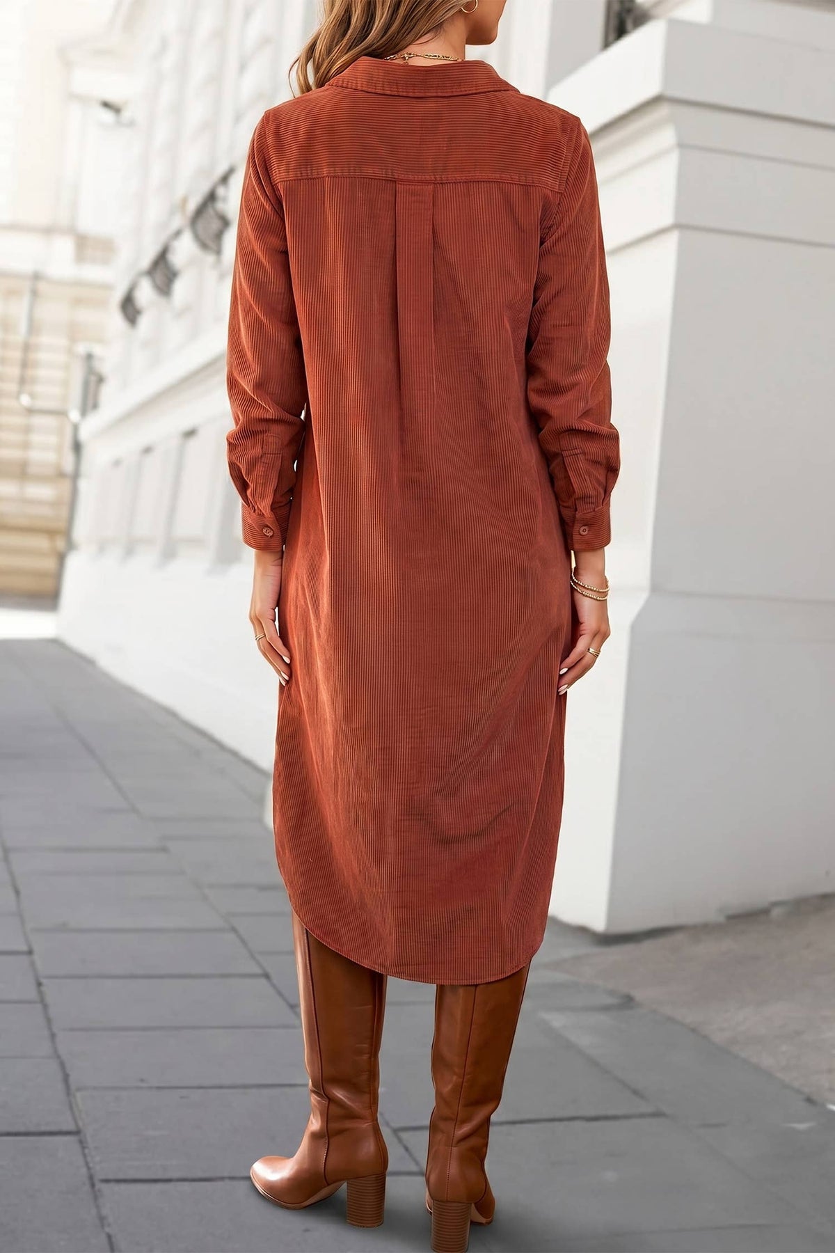 Solid Long Sleeve Button Front Shirt Style Midi Dress | S-XL