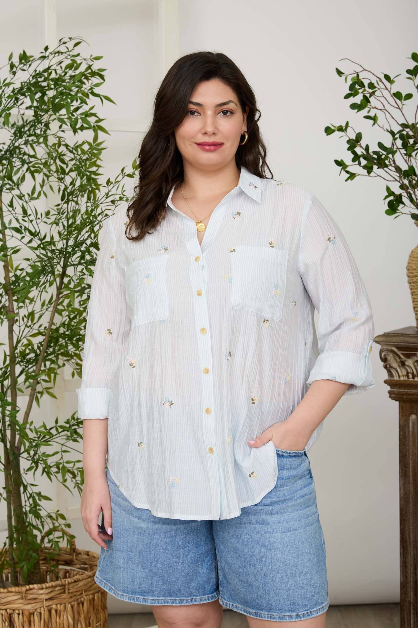 PLUS STRIPE FLORAL EMBROIDERY LONG SLEEVE TOP