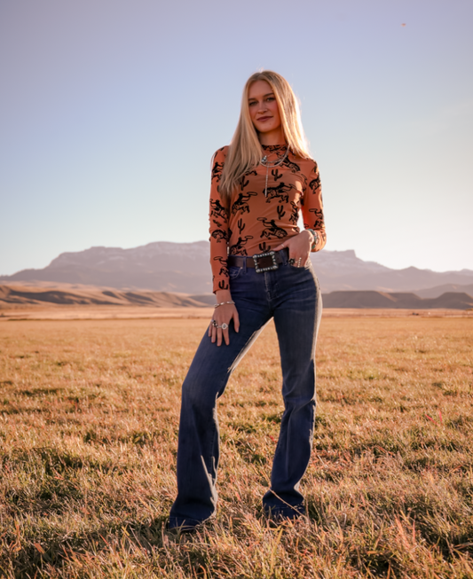 Caramel Cowboy Velvet Mesh Top