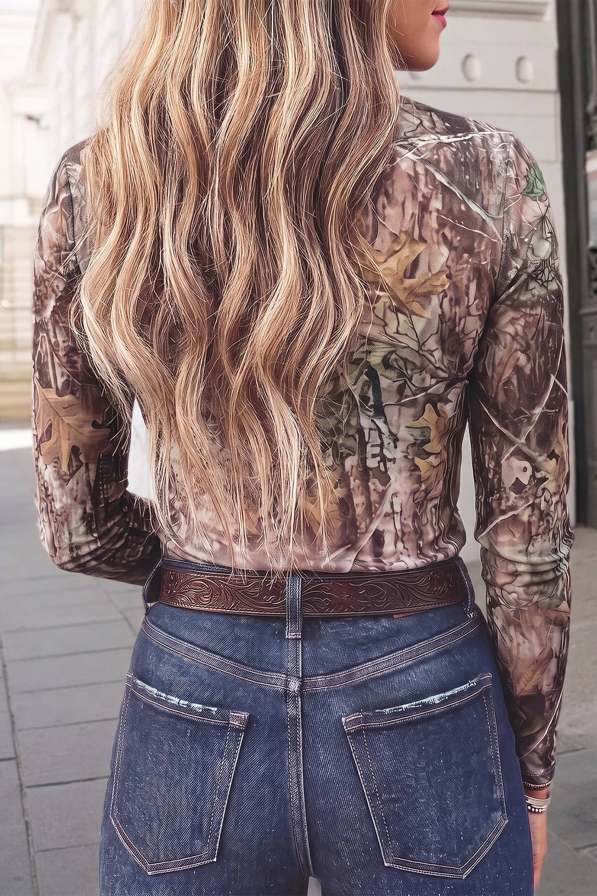 Western Print Mock Neck Slim Fit Mesh Top | S-XL