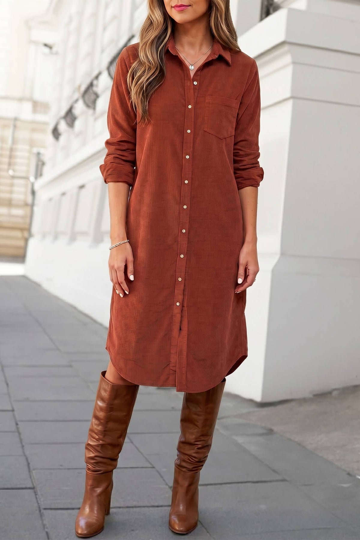 Solid Long Sleeve Button Front Shirt Style Midi Dress | S-XL
