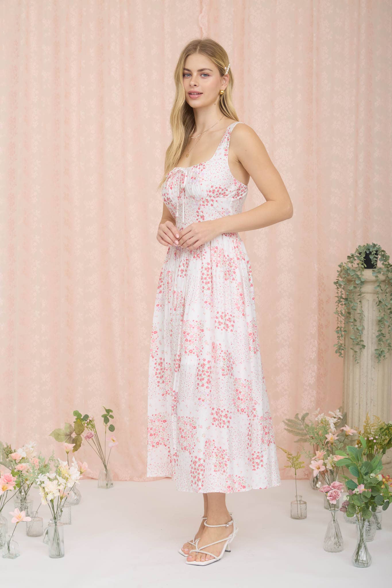FLORAL SLEEVELESS CORSET FRONT TIE MIDI DRESS