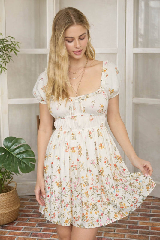 GRADIENT FLORAL FRONT TIE PUFF SLEEVE MIDI DRESS