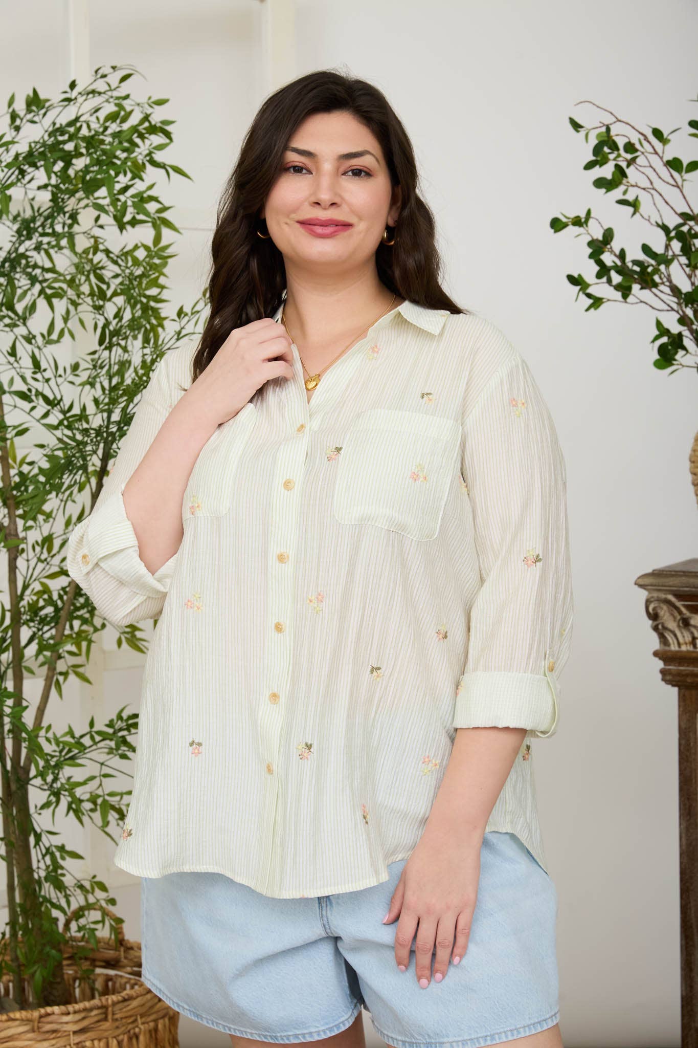 PLUS STRIPE FLORAL EMBROIDERY LONG SLEEVE TOP