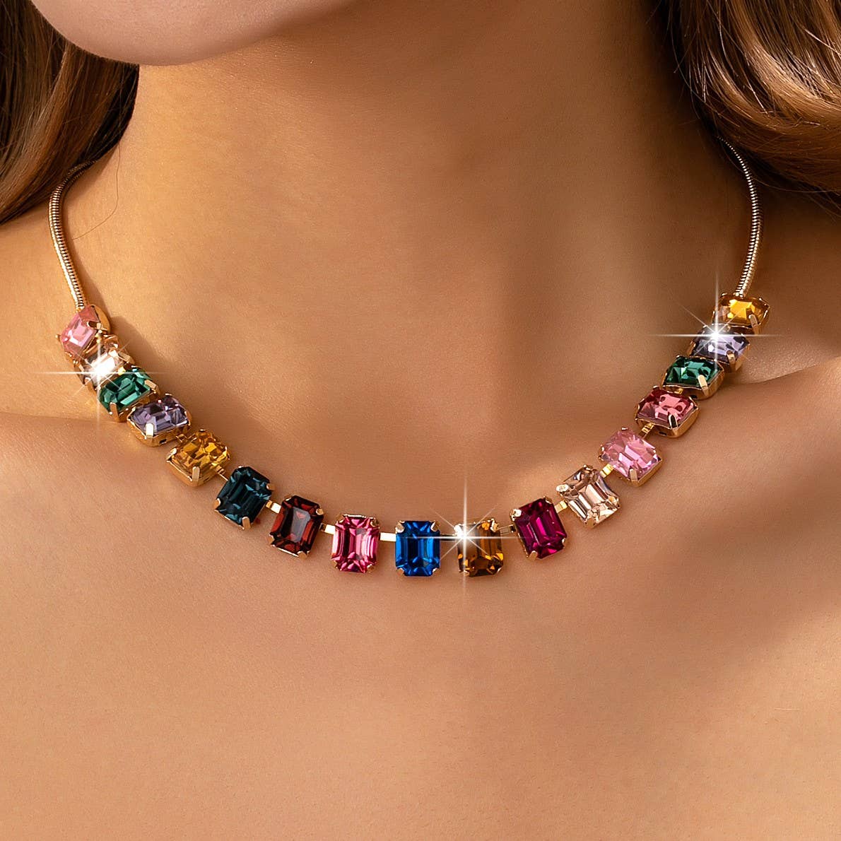 Rainbow Emerald-Cut Gemstone Statement Necklace | 80N92825