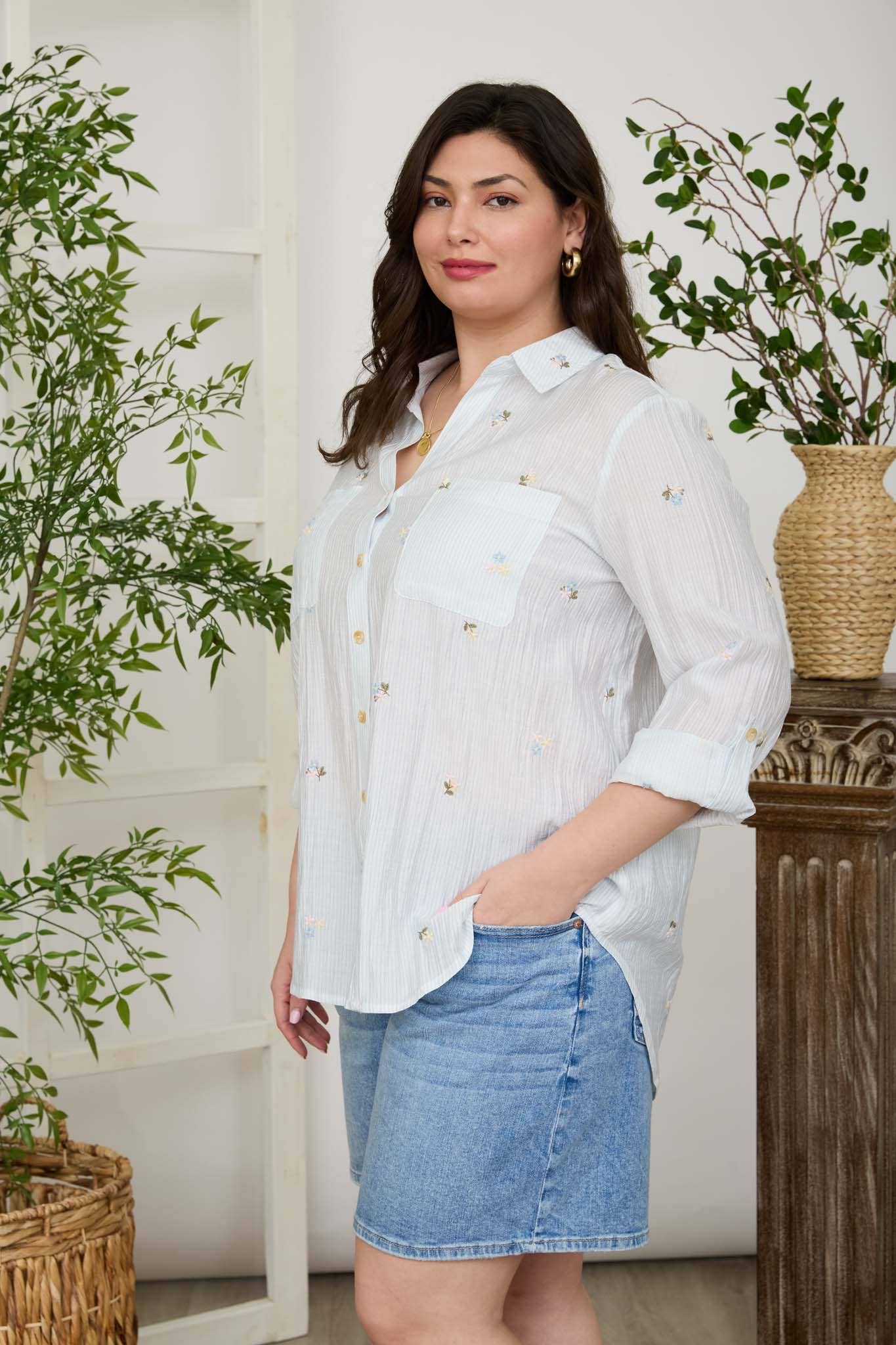 PLUS STRIPE FLORAL EMBROIDERY LONG SLEEVE TOP