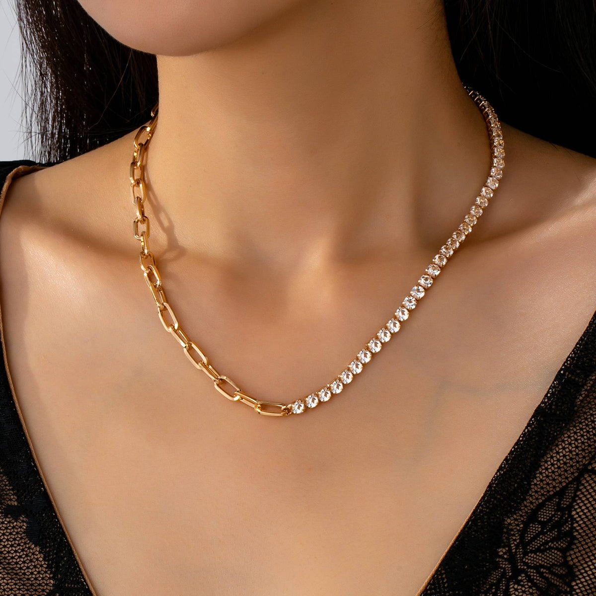 Dual Necklace-Half Rhinestones & Half Link Chain | 80N92669